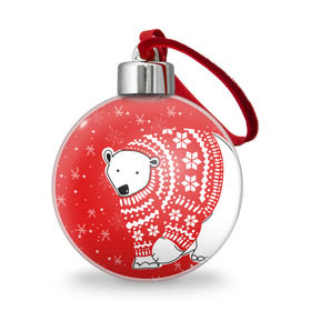 Ёлочный шар с принтом Белый медведь в свитере в Тюмени, Пластик | Диаметр: 77 мм | red | snow | snowflakes | stars | sweater | white bear | winter | белый медведь | звезды | зима | красный | снег | снежинки