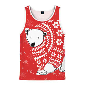 Мужская майка 3D с принтом Белый медведь в свитере в Тюмени, 100% полиэстер | круглая горловина, приталенный силуэт, длина до линии бедра. Пройма и горловина окантованы тонкой бейкой | red | snow | snowflakes | stars | sweater | white bear | winter | белый медведь | звезды | зима | красный | снег | снежинки