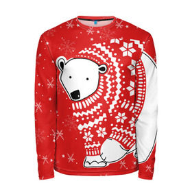 Мужской лонгслив 3D с принтом Белый медведь в свитере в Тюмени, 100% полиэстер | длинные рукава, круглый вырез горловины, полуприлегающий силуэт | red | snow | snowflakes | stars | sweater | white bear | winter | белый медведь | звезды | зима | красный | снег | снежинки