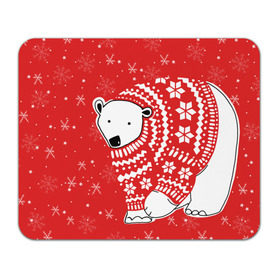 Коврик прямоугольный с принтом Белый медведь в свитере в Тюмени, натуральный каучук | размер 230 х 185 мм; запечатка лицевой стороны | red | snow | snowflakes | stars | sweater | white bear | winter | белый медведь | звезды | зима | красный | снег | снежинки