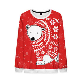 Мужской свитшот 3D с принтом Белый медведь в свитере в Тюмени, 100% полиэстер с мягким внутренним слоем | круглый вырез горловины, мягкая резинка на манжетах и поясе, свободная посадка по фигуре | Тематика изображения на принте: red | snow | snowflakes | stars | sweater | white bear | winter | белый медведь | звезды | зима | красный | снег | снежинки