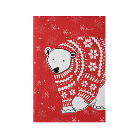 Обложка для паспорта матовая кожа с принтом Белый медведь в свитере в Тюмени, натуральная матовая кожа | размер 19,3 х 13,7 см; прозрачные пластиковые крепления | red | snow | snowflakes | stars | sweater | white bear | winter | белый медведь | звезды | зима | красный | снег | снежинки