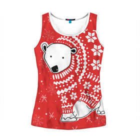 Женская майка 3D с принтом Белый медведь в свитере в Тюмени, 100% полиэстер | круглая горловина, прямой силуэт, длина до линии бедра | red | snow | snowflakes | stars | sweater | white bear | winter | белый медведь | звезды | зима | красный | снег | снежинки