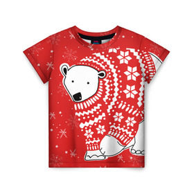 Детская футболка 3D с принтом Белый медведь в свитере в Тюмени, 100% гипоаллергенный полиэфир | прямой крой, круглый вырез горловины, длина до линии бедер, чуть спущенное плечо, ткань немного тянется | red | snow | snowflakes | stars | sweater | white bear | winter | белый медведь | звезды | зима | красный | снег | снежинки