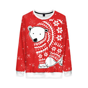 Женский свитшот 3D с принтом Белый медведь в свитере в Тюмени, 100% полиэстер с мягким внутренним слоем | круглый вырез горловины, мягкая резинка на манжетах и поясе, свободная посадка по фигуре | red | snow | snowflakes | stars | sweater | white bear | winter | белый медведь | звезды | зима | красный | снег | снежинки