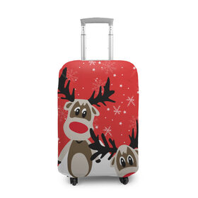 Чехол для чемодана 3D с принтом Олени в Тюмени, 86% полиэфир, 14% спандекс | двустороннее нанесение принта, прорези для ручек и колес | animals | background | deer | mountains | red | snow | snowflakes | stars | winter | горы | животные | звезды | зима | красный фон | олени | снег | снежинки