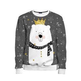 Детский свитшот 3D с принтом Белый медведь в короне в Тюмени, 100% полиэстер | свободная посадка, прямой крой, мягкая тканевая резинка на рукавах и понизу свитшота | Тематика изображения на принте: animal | bear | crown | gold | mountains | scarf | snow | snowflakes | stars | white | winter | белый | горы | животные | звезды | зима | золотая | корона | медведь | снег | снежинки | шарф