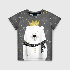 Детская футболка 3D с принтом Белый медведь в короне в Тюмени, 100% гипоаллергенный полиэфир | прямой крой, круглый вырез горловины, длина до линии бедер, чуть спущенное плечо, ткань немного тянется | Тематика изображения на принте: animal | bear | crown | gold | mountains | scarf | snow | snowflakes | stars | white | winter | белый | горы | животные | звезды | зима | золотая | корона | медведь | снег | снежинки | шарф