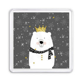 Магнит 55*55 с принтом Белый медведь в короне в Тюмени, Пластик | Размер: 65*65 мм; Размер печати: 55*55 мм | Тематика изображения на принте: animal | bear | crown | gold | mountains | scarf | snow | snowflakes | stars | white | winter | белый | горы | животные | звезды | зима | золотая | корона | медведь | снег | снежинки | шарф