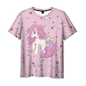 Мужская футболка 3D с принтом Единорог, в Тюмени, 100% полиэфир | прямой крой, круглый вырез горловины, длина до линии бедер | anime | bow | hair | horn | horse | pink | pony | star | unicorn | анимэ | бант | единорог | звезды | конь | кудри | лошадка | пони | рог | розовые