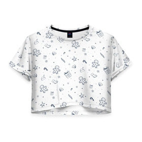 Женская футболка 3D укороченная с принтом Новогодние узоры в Тюмени, 100% полиэстер | круглая горловина, длина футболки до линии талии, рукава с отворотами | зима | мороз | нг | новый год | подарок | рождество | снег | снеговик | снежинки