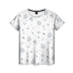 Женская футболка 3D с принтом Новогодние узоры в Тюмени, 100% полиэфир ( синтетическое хлопкоподобное полотно) | прямой крой, круглый вырез горловины, длина до линии бедер | зима | мороз | нг | новый год | подарок | рождество | снег | снеговик | снежинки