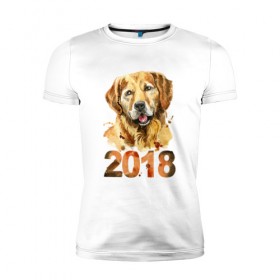 Мужская футболка премиум с принтом Собака 2018 в Тюмени, 92% хлопок, 8% лайкра | приталенный силуэт, круглый вырез ворота, длина до линии бедра, короткий рукав | зима | новый год | подарок | рождество | собака