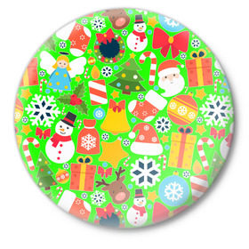 Значок с принтом Новогодняя текстура в Тюмени,  металл | круглая форма, металлическая застежка в виде булавки | елка | елочные игрушки | зима | подарки | снеговик