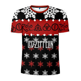Мужская футболка 3D спортивная с принтом Праздничный Led Zeppelin в Тюмени, 100% полиэстер с улучшенными характеристиками | приталенный силуэт, круглая горловина, широкие плечи, сужается к линии бедра | led zeppelin | блюз | группа | джимми пейдж | джон генри бонэм | джон пол джонс | знак | красный | лед зепелен | лед зеппелин | метал | надпись | новогодний | новый год | праздник | роберт плант | рождество