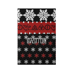Обложка для паспорта матовая кожа с принтом Праздничный Led Zeppelin в Тюмени, натуральная матовая кожа | размер 19,3 х 13,7 см; прозрачные пластиковые крепления | Тематика изображения на принте: led zeppelin | блюз | группа | джимми пейдж | джон генри бонэм | джон пол джонс | знак | красный | лед зепелен | лед зеппелин | метал | надпись | новогодний | новый год | праздник | роберт плант | рождество