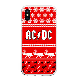 Чехол для iPhone XS Max матовый с принтом Праздничный AC/DC в Тюмени, Силикон | Область печати: задняя сторона чехла, без боковых панелей | Тематика изображения на принте: ac dc | acdc |   снежинки | ангус янг | ас дс | асдс | крис слэйд | новогодний | новый год | рождество | стиви янг | эксл роуз