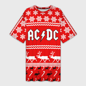Платье-футболка 3D с принтом Праздничный AC DC в Тюмени,  |  | ac dc | acdc |   снежинки | ангус янг | ас дс | асдс | крис слэйд | новогодний | новый год | рождество | стиви янг | эксл роуз