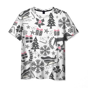 Мужская футболка 3D с принтом Дуx рождества в Тюмени, 100% полиэфир | прямой крой, круглый вырез горловины, длина до линии бедер | год | елка | зима | колокольчик  | новый | олень | подарки | праздник | сани | снег | снежинки | узор
