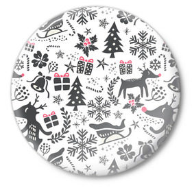 Значок с принтом Дуx рождества в Тюмени,  металл | круглая форма, металлическая застежка в виде булавки | Тематика изображения на принте: год | елка | зима | колокольчик  | новый | олень | подарки | праздник | сани | снег | снежинки | узор