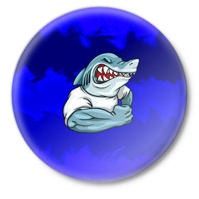 Значок с принтом aggressive shark в Тюмени,  металл | круглая форма, металлическая застежка в виде булавки | абстракция | акула | краски | синий | темносиний