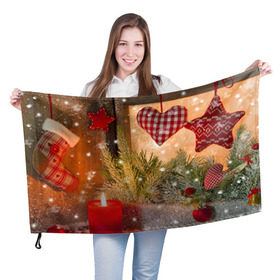 Флаг 3D с принтом Новогодняя сказка в Тюмени, 100% полиэстер | плотность ткани — 95 г/м2, размер — 67 х 109 см. Принт наносится с одной стороны | елка | мягкие игрушки | новый год снег | свеча | снежинки