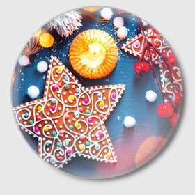 Значок с принтом Новогодняя фантазия в Тюмени,  металл | круглая форма, металлическая застежка в виде булавки | новый год снег | пряники | сладость | снежинки