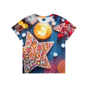 Детская футболка 3D с принтом Новогодняя фантазия в Тюмени, 100% гипоаллергенный полиэфир | прямой крой, круглый вырез горловины, длина до линии бедер, чуть спущенное плечо, ткань немного тянется | Тематика изображения на принте: новый год снег | пряники | сладость | снежинки