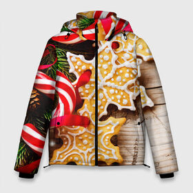 Мужская зимняя куртка 3D с принтом Однажды в Сочельник в Тюмени, верх — 100% полиэстер; подкладка — 100% полиэстер; утеплитель — 100% полиэстер | длина ниже бедра, свободный силуэт Оверсайз. Есть воротник-стойка, отстегивающийся капюшон и ветрозащитная планка. 

Боковые карманы с листочкой на кнопках и внутренний карман на молнии. | елка | новый год снег | пряники | сладость | снежинки