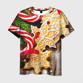 Мужская футболка 3D с принтом Однажды в Сочельник в Тюмени, 100% полиэфир | прямой крой, круглый вырез горловины, длина до линии бедер | елка | новый год снег | пряники | сладость | снежинки