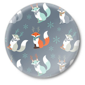 Значок с принтом Новогодний лис в Тюмени,  металл | круглая форма, металлическая застежка в виде булавки | Тематика изображения на принте: елка | лисички | новый год | снег | снежинки