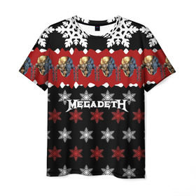 Мужская футболка 3D с принтом Праздничный Megadeth в Тюмени, 100% полиэфир | прямой крой, круглый вырез горловины, длина до линии бедер | Тематика изображения на принте: me | megadeth | группа | дирк вербурен | дэвид эллефсон | дэйв мастейн | знак | кико лоурейро | красный | мегадет | метал | надпись | новогодний | новый год | праздник | рождество | рок | снежинки | трэш