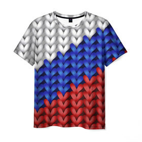 Мужская футболка 3D с принтом Вязаный триколор в Тюмени, 100% полиэфир | прямой крой, круглый вырез горловины, длина до линии бедер | 3д | russia | абстракция | белый | вязаный | диагональ | женщинам | иллюзия | красный | мужчинам | патриотам | россия | русский торговый флаг | синий | спорт | триколор | флаг россии