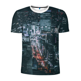 Мужская футболка 3D спортивная с принтом Мегаполис в Тюмени, 100% полиэстер с улучшенными характеристиками | приталенный силуэт, круглая горловина, широкие плечи, сужается к линии бедра | Тематика изображения на принте: город | мегаполис | ночной | огни