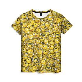 Женская футболка 3D с принтом Веселые смайлики в Тюмени, 100% полиэфир ( синтетическое хлопкоподобное полотно) | прямой крой, круглый вырез горловины, длина до линии бедер | emoji | smile | желтый | круглый | лица | паттерн | смайл | улыбка | эмоции