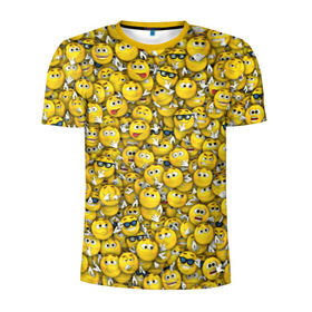 Мужская футболка 3D спортивная с принтом Веселые смайлики в Тюмени, 100% полиэстер с улучшенными характеристиками | приталенный силуэт, круглая горловина, широкие плечи, сужается к линии бедра | emoji | smile | желтый | круглый | лица | паттерн | смайл | улыбка | эмоции