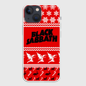 Чехол для iPhone 13 mini с принтом Праздничный Black Sabbath в Тюмени,  |  | black sabbath | ozzy osbourne | ангелы | билл уорд | гизер батлер | группа | знак | красный | метал | музыка | надпись | новогодний | новый год | оззи | осборн | песни | праздник | ро | рождество | рок | снежинки