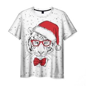 Мужская футболка 3D с принтом Тигр Санта Клаус в Тюмени, 100% полиэфир | прямой крой, круглый вырез горловины, длина до линии бедер | animal | bow | christmas | holiday | new year | predator | santa claus | snow | tiger | view | winter | бант | взгляд | дед мороз | животное | зима | новый год | очки | праздник | рождество | санта клаус | снег | тигр | хищник