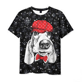 Мужская футболка 3D с принтом Бассет-хаунд в Тюмени, 100% полиэфир | прямой крой, круглый вырез горловины, длина до линии бедер | bow | breed | cap | christmas | dog | holiday | new year | red | wint | бант | бассет хаунд | белый | взгляд | горошек | зима | красный | новый год | порода | праздник | рождество | снег | снежинки | собака | фуражка