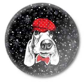 Значок с принтом Бассет-хаунд в Тюмени,  металл | круглая форма, металлическая застежка в виде булавки | Тематика изображения на принте: bow | breed | cap | christmas | dog | holiday | new year | red | wint | бант | бассет хаунд | белый | взгляд | горошек | зима | красный | новый год | порода | праздник | рождество | снег | снежинки | собака | фуражка