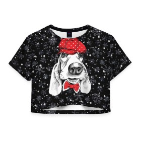 Женская футболка 3D укороченная с принтом Бассет-хаунд в Тюмени, 100% полиэстер | круглая горловина, длина футболки до линии талии, рукава с отворотами | bow | breed | cap | christmas | dog | holiday | new year | red | wint | бант | бассет хаунд | белый | взгляд | горошек | зима | красный | новый год | порода | праздник | рождество | снег | снежинки | собака | фуражка