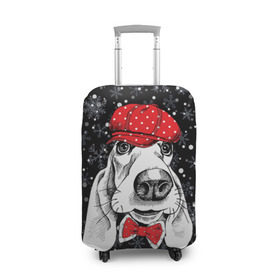 Чехол для чемодана 3D с принтом Бассет-хаунд в Тюмени, 86% полиэфир, 14% спандекс | двустороннее нанесение принта, прорези для ручек и колес | bow | breed | cap | christmas | dog | holiday | new year | red | wint | бант | бассет хаунд | белый | взгляд | горошек | зима | красный | новый год | порода | праздник | рождество | снег | снежинки | собака | фуражка