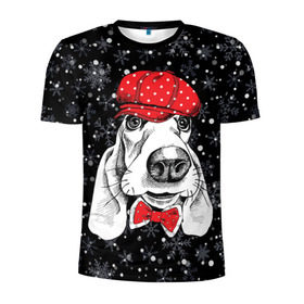 Мужская футболка 3D спортивная с принтом Бассет-хаунд в Тюмени, 100% полиэстер с улучшенными характеристиками | приталенный силуэт, круглая горловина, широкие плечи, сужается к линии бедра | Тематика изображения на принте: bow | breed | cap | christmas | dog | holiday | new year | red | wint | бант | бассет хаунд | белый | взгляд | горошек | зима | красный | новый год | порода | праздник | рождество | снег | снежинки | собака | фуражка