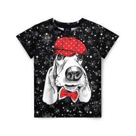 Детская футболка 3D с принтом Бассет-хаунд в Тюмени, 100% гипоаллергенный полиэфир | прямой крой, круглый вырез горловины, длина до линии бедер, чуть спущенное плечо, ткань немного тянется | bow | breed | cap | christmas | dog | holiday | new year | red | wint | бант | бассет хаунд | белый | взгляд | горошек | зима | красный | новый год | порода | праздник | рождество | снег | снежинки | собака | фуражка