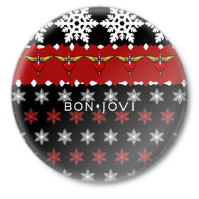 Значок с принтом Праздничный Bon Jovi в Тюмени,  металл | круглая форма, металлическая застежка в виде булавки | Тематика изображения на принте: bon | jovi | бон | группа | джови | новогодний | новый год | праздник | рождество | рок | снежинки