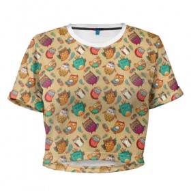 Женская футболка 3D укороченная с принтом Совушки в Тюмени, 100% полиэстер | круглая горловина, длина футболки до линии талии, рукава с отворотами | перья | сова | филин