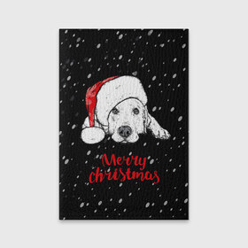 Обложка для паспорта матовая кожа с принтом Собака Санта в Тюмени, натуральная матовая кожа | размер 19,3 х 13,7 см; прозрачные пластиковые крепления | Тематика изображения на принте: дед мороз | зима | новогодний | рождество | снег | шапка