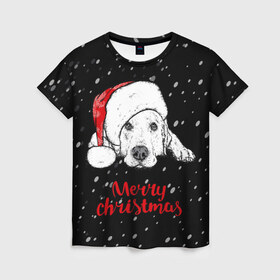 Женская футболка 3D с принтом Собака Санта в Тюмени, 100% полиэфир ( синтетическое хлопкоподобное полотно) | прямой крой, круглый вырез горловины, длина до линии бедер | дед мороз | зима | новогодний | рождество | снег | шапка