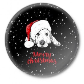 Значок с принтом Собака Санта в Тюмени,  металл | круглая форма, металлическая застежка в виде булавки | Тематика изображения на принте: дед мороз | зима | новогодний | рождество | снег | шапка