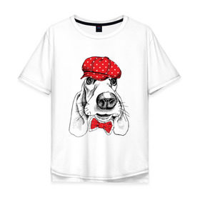 Мужская футболка хлопок Oversize с принтом Бассет-хаунд в Тюмени, 100% хлопок | свободный крой, круглый ворот, “спинка” длиннее передней части | bow | breed | cap | christmas | dog | holiday | new year | red | wint | бант | бассет хаунд | в горошек | новый год | порода | рождество | фуражка